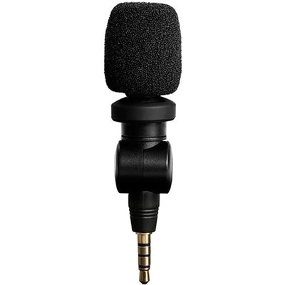 Saramonic SmartMic ultra-compact electret condenser microphone with 3.5mm TRRS connector, cardioid polar pattern, 35 Hz to 18 kHz frequency response, built-in shockmount to reduce handling noise, lightweight 21g, plug-and-play with no battery required for iOS, Mac, and Android devices.