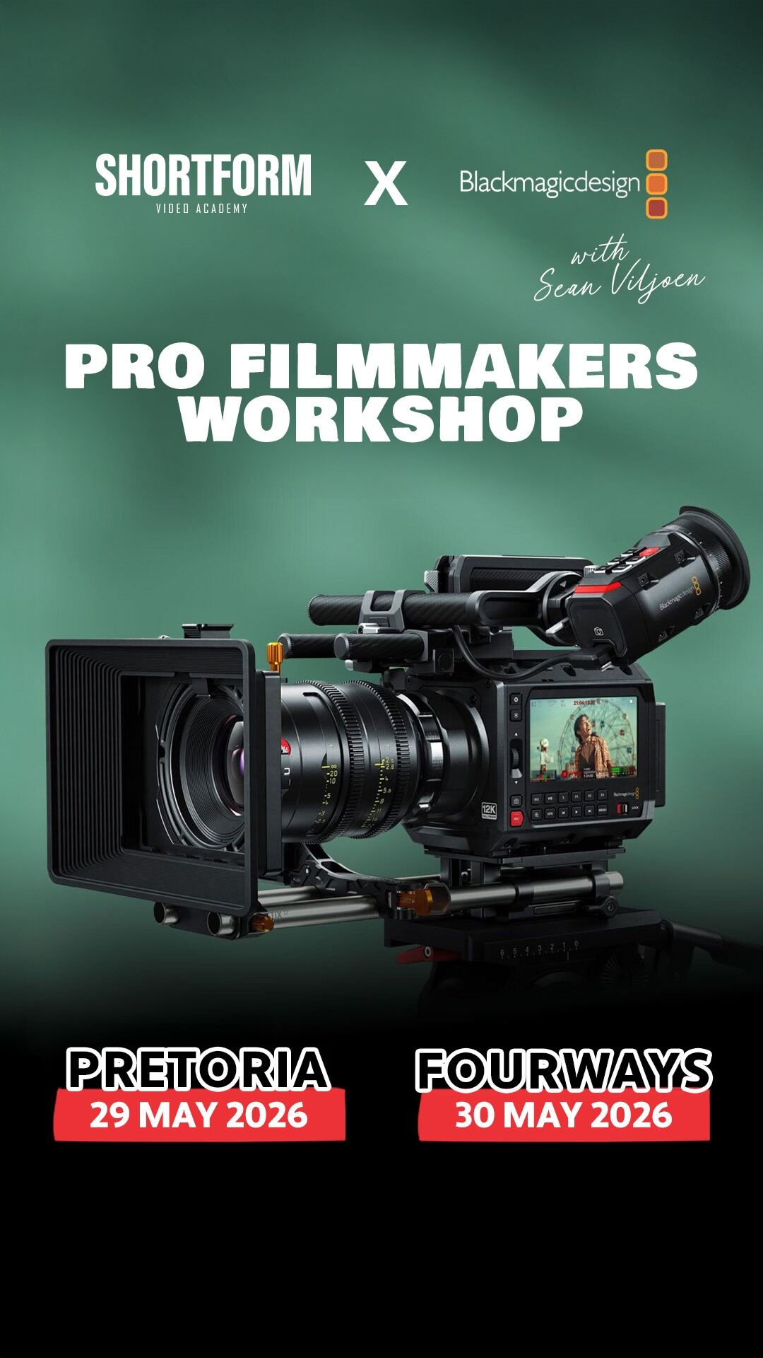 Promotional poster for Pro Filmmakers Workshop with a camera on a green background