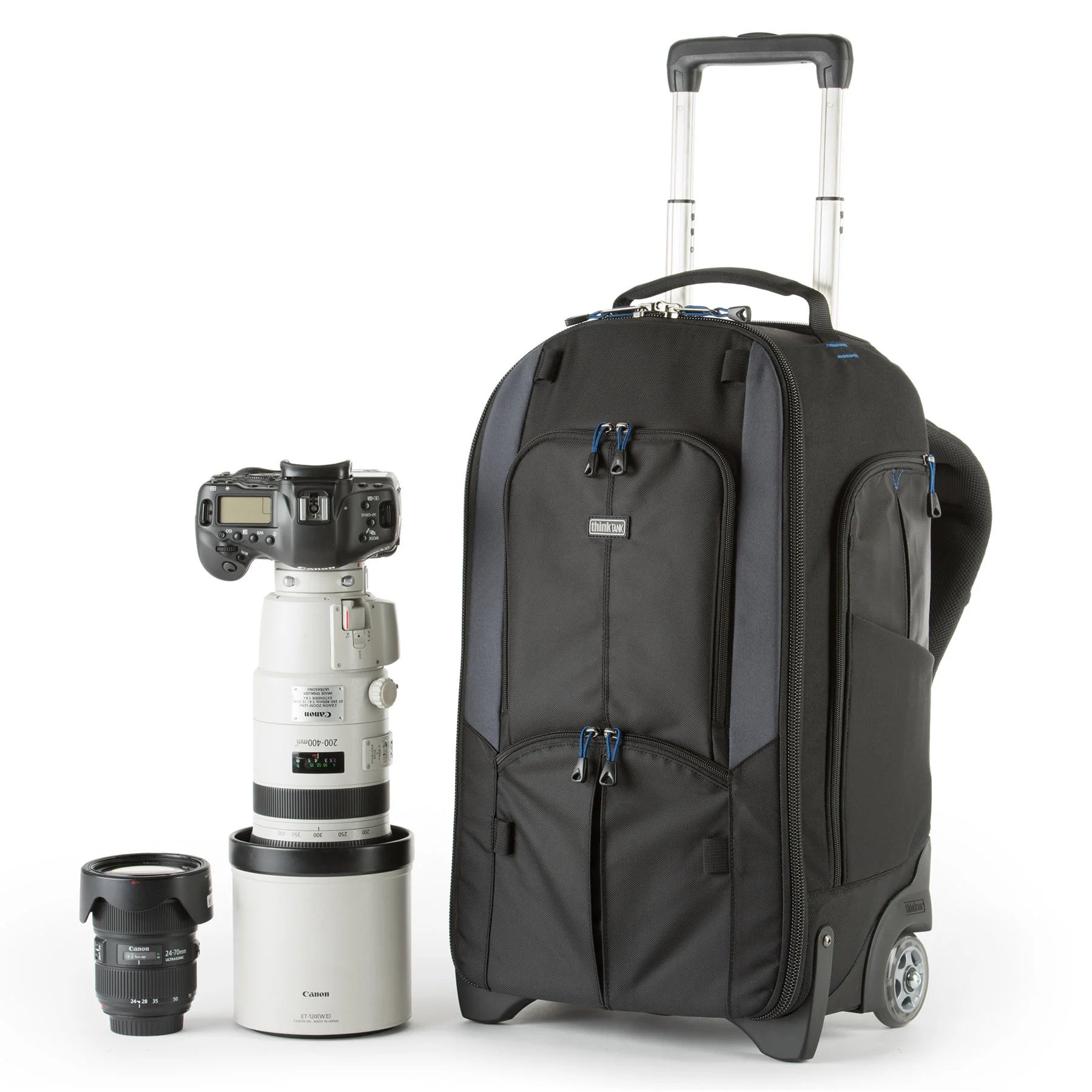Think Tank StreetWalker Rolling Backpack V2.0 — black, wheeled camera roller bag with padded interior and backpack straps