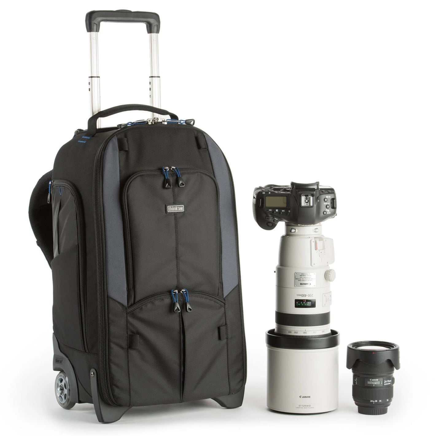 Think Tank StreetWalker Rolling Backpack V2.0 — black, wheeled camera roller bag with padded interior and backpack straps