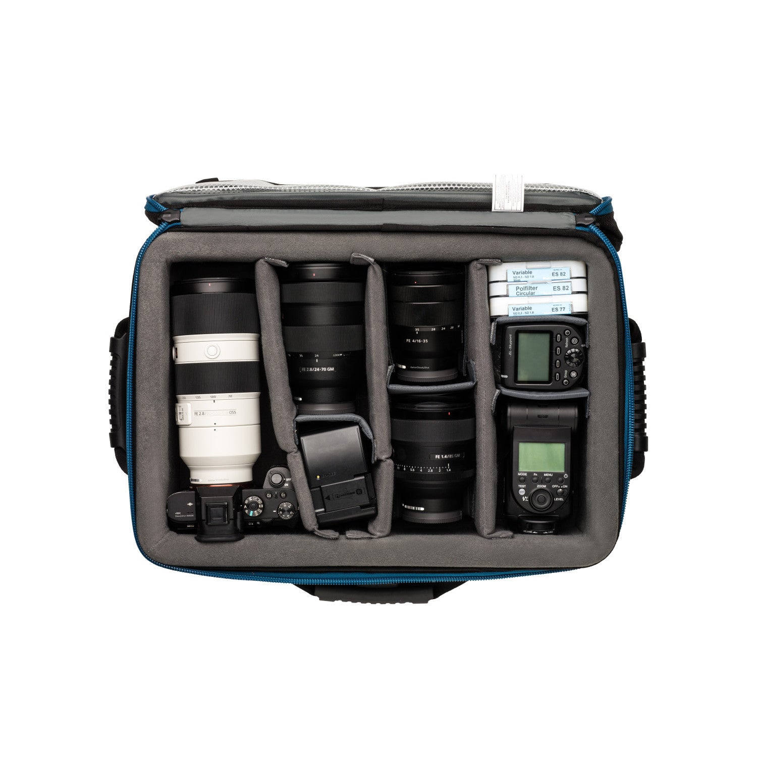 Camera bag with camera equipment including lenses and a monitor on a white background