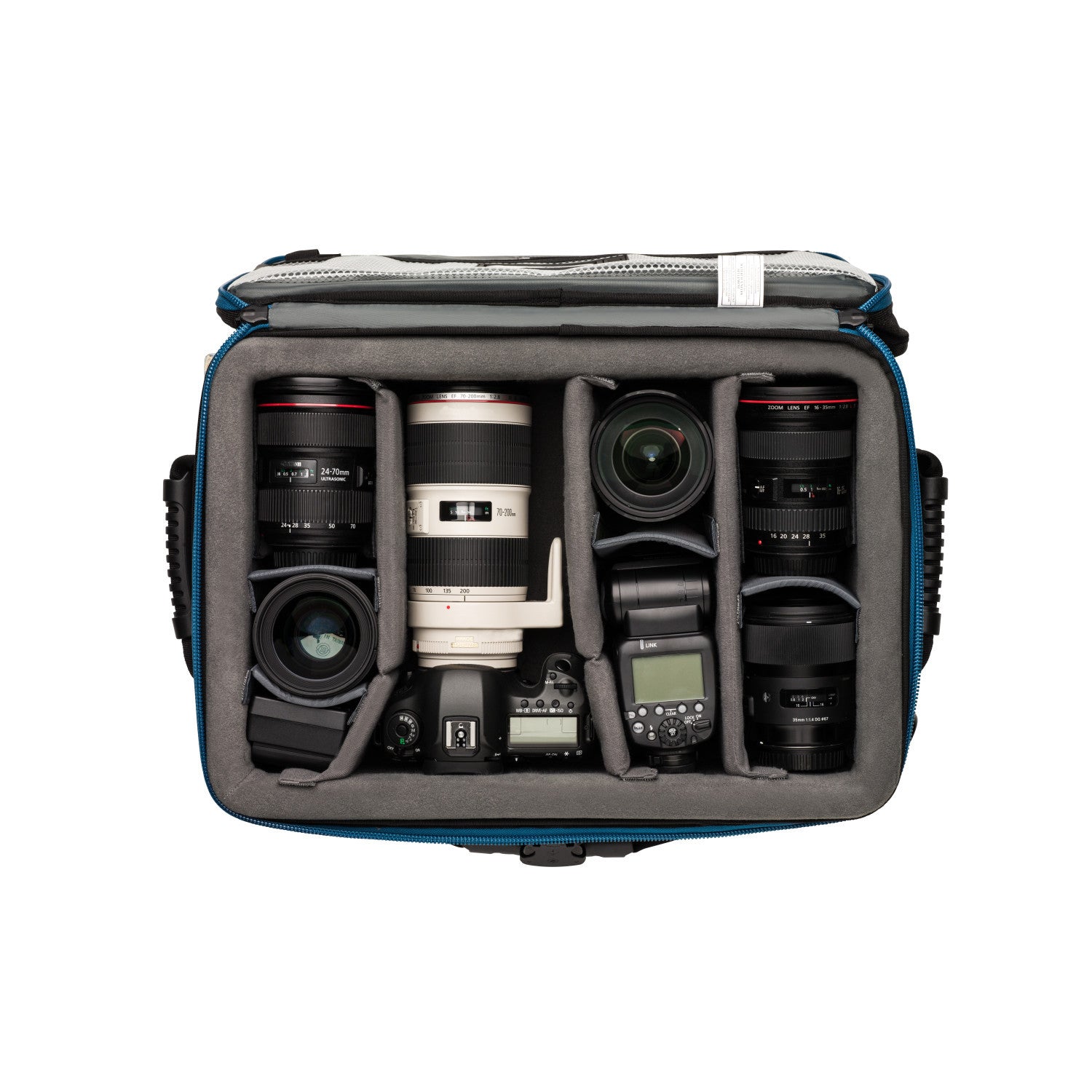 Camera bag with compartments for camera lenses and equipment on a white background