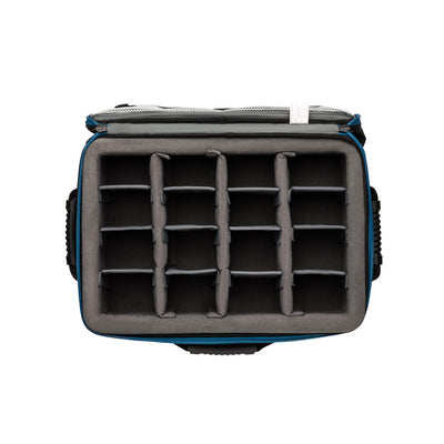 Camera bag with interior compartments on a white background