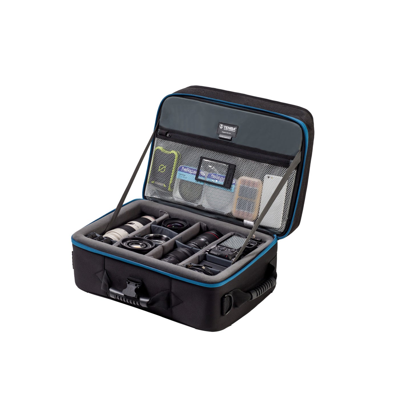 Black and blue travel case with compartments on a white background