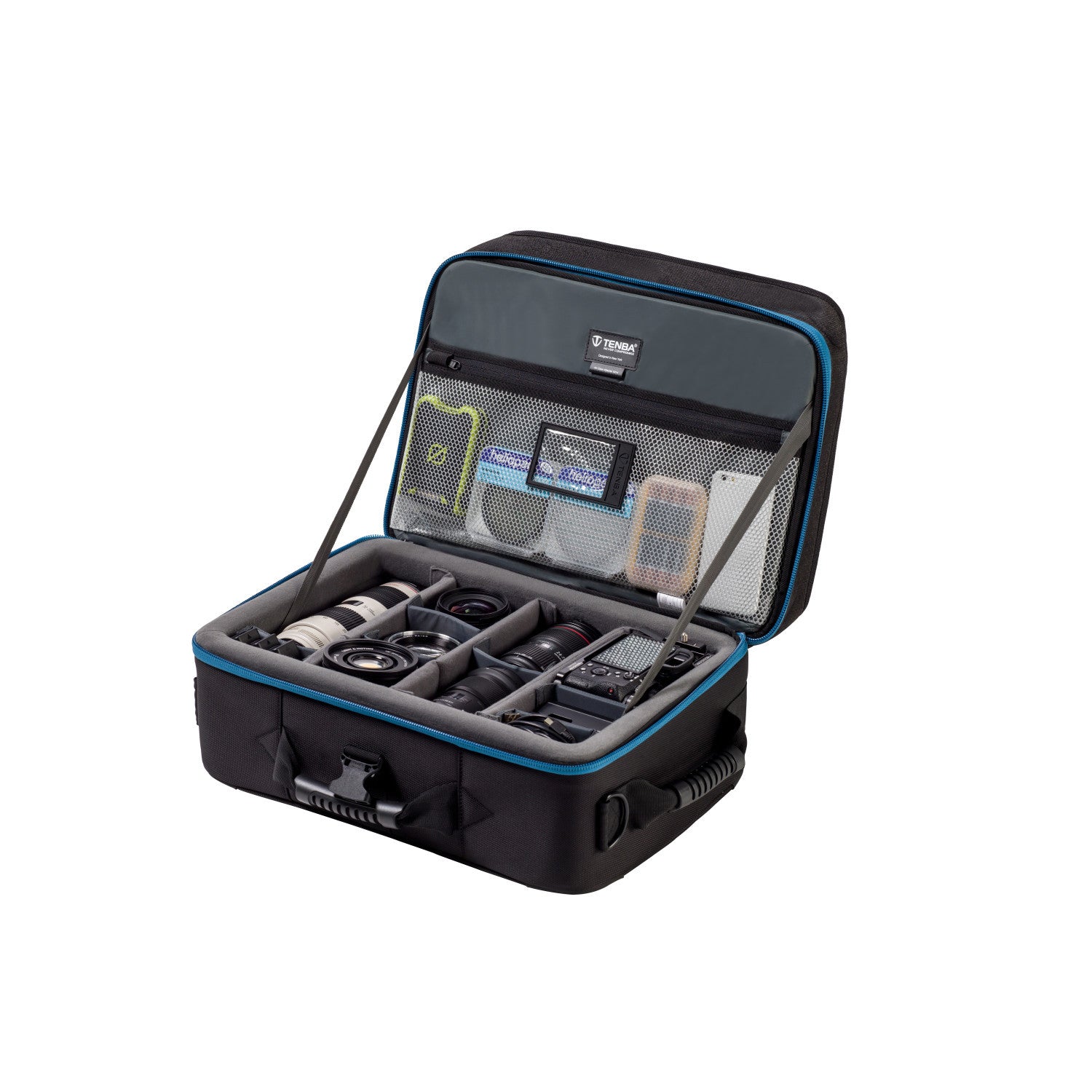 Black and blue travel case with compartments on a white background