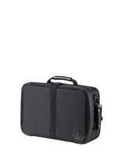 Black briefcase with a visible brand logo on a white background