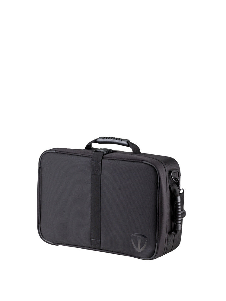Black briefcase with a visible brand logo on a white background