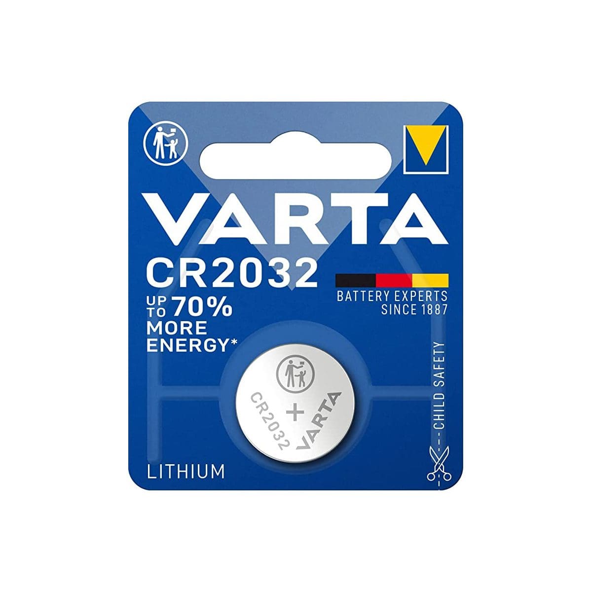 Varta CR2032 3V lithium coin battery on white background.
