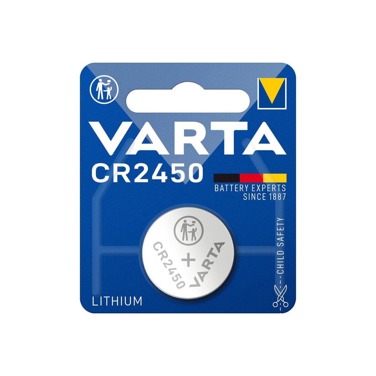 Varta CR2450 3V lithium coin battery on white background.