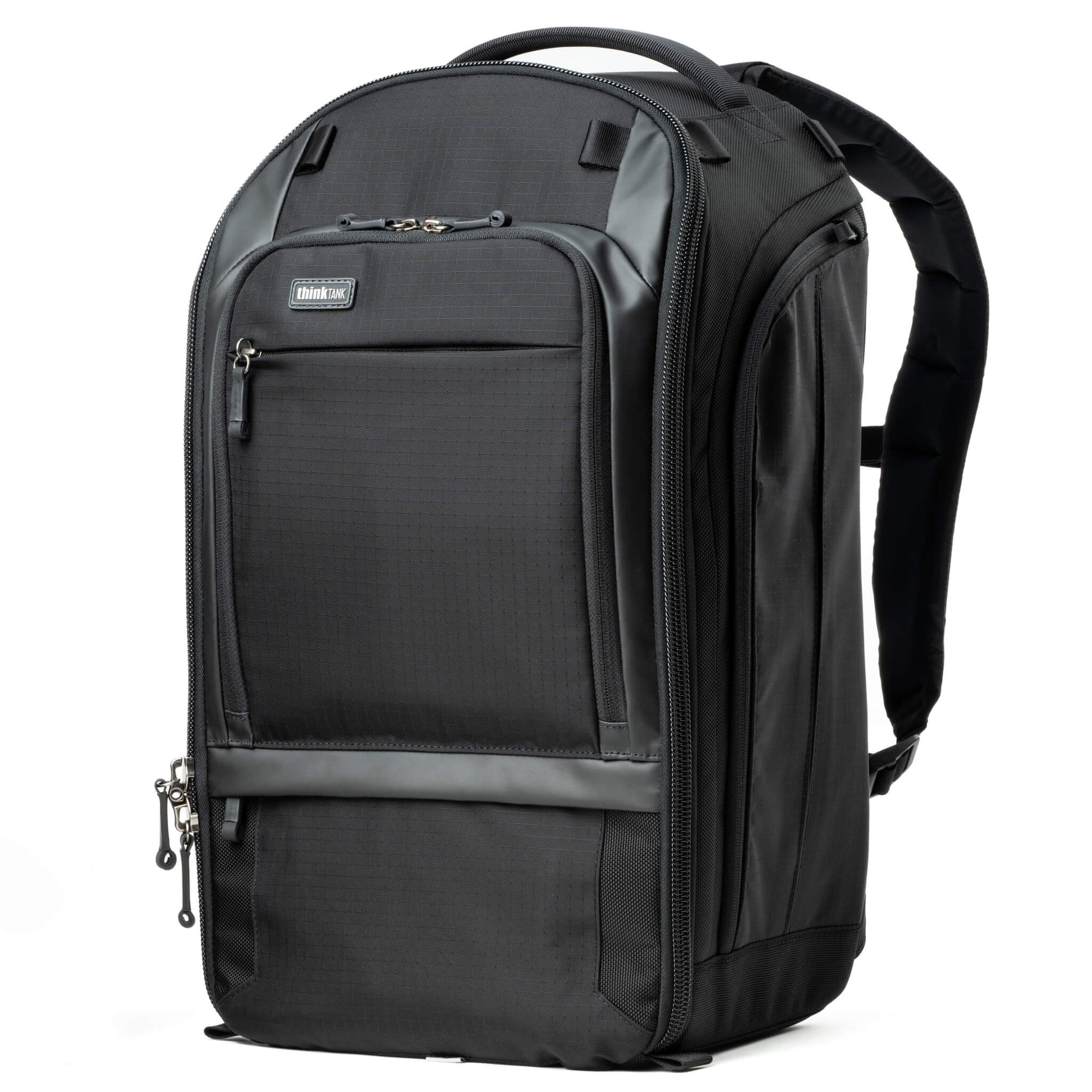 Think Tank Walker Pro backpack — rugged, roll-top camera pack in charcoal grey with side access pockets