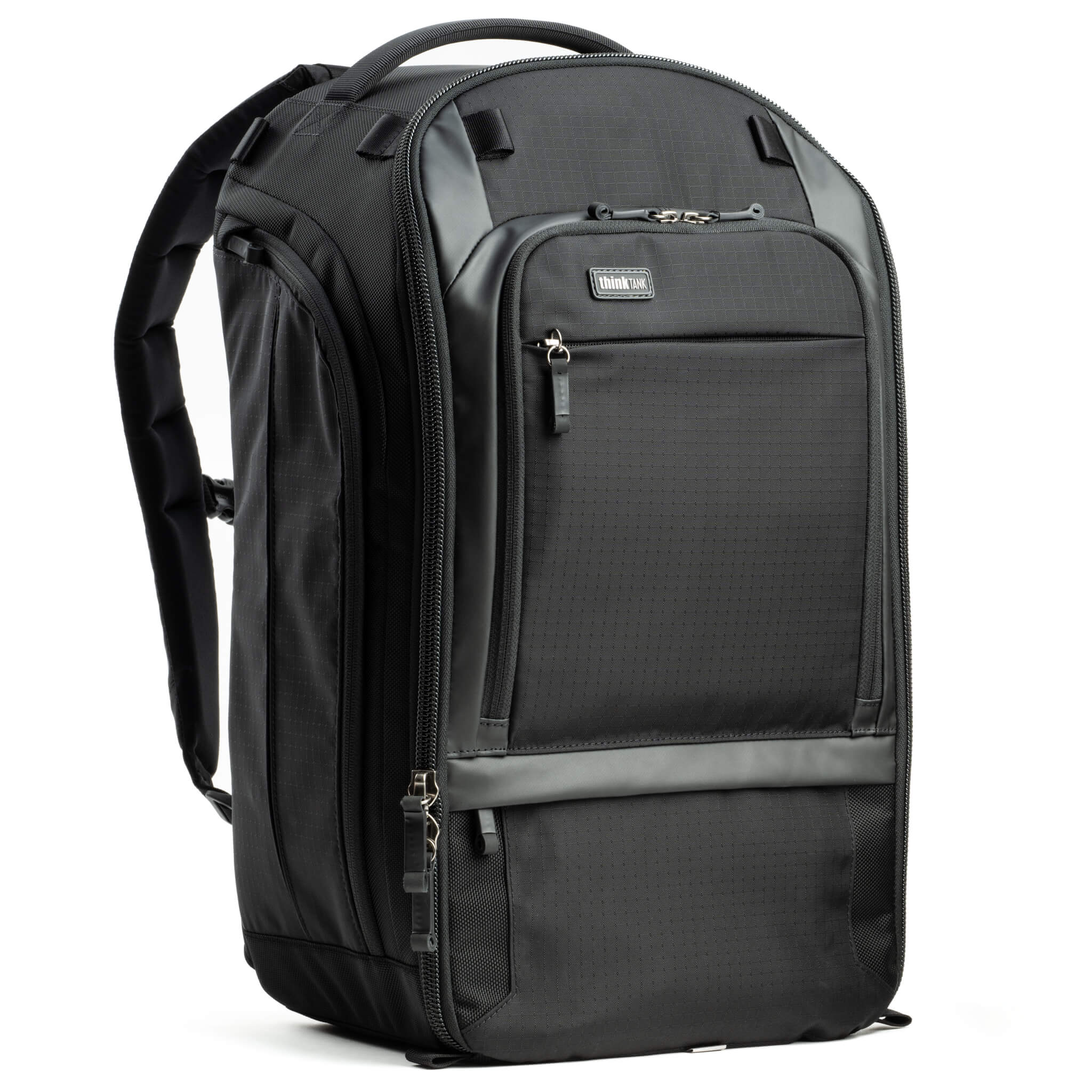 Think Tank Walker Pro backpack — rugged, roll-top camera pack in charcoal grey with side access pockets