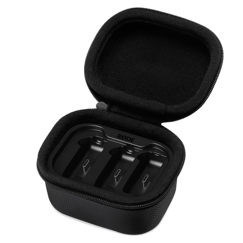 RØDE Charge Case+ for Wireless GO Gen 3: 4,200 mAh internal battery, dual recharges, simultaneous charging + data transfer, rugged zip case.