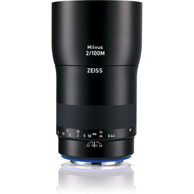 Zeiss Milvus 100mm f/2 Macro ZE for Canon EF. Telephoto macro lens with 1:2 magnification, fast f/2 aperture, and weather-sealed all-metal build.