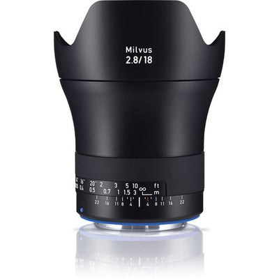 Zeiss Milvus 18mm f/2.8 ZE for Canon EF. Super wide angle prime lens with f/2.8 aperture, advanced optics, manual focus, and weather-sealed build.