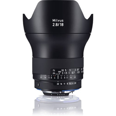 Zeiss Milvus 18mm f/2.8 ZF.2 for Nikon F. Super wide angle prime lens with f/2.8 aperture, aspherical optics, manual focus, and durable weather-sealed body.