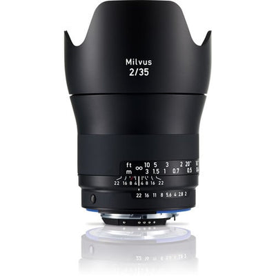 Zeiss Milvus 35mm f/2 ZF.2 for Nikon F. Wide angle prime lens with f/2 aperture, sharp optics, manual focus, and durable weather-sealed construction.