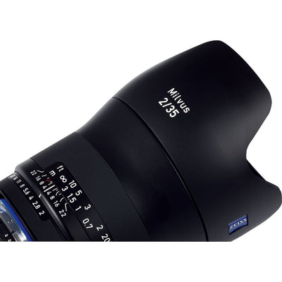 Zeiss Milvus 35mm f/2 ZF.2 for Nikon F. Wide angle prime lens with f/2 aperture, sharp optics, manual focus, and durable weather-sealed construction.
