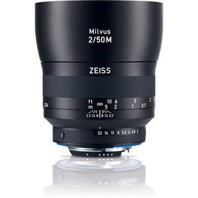 Zeiss Milvus 50mm f/2 Macro ZF.2 for Nikon F. Standard prime lens with 1:2 macro, f/2 aperture, sharp optics, manual focus, and weather-sealed build.