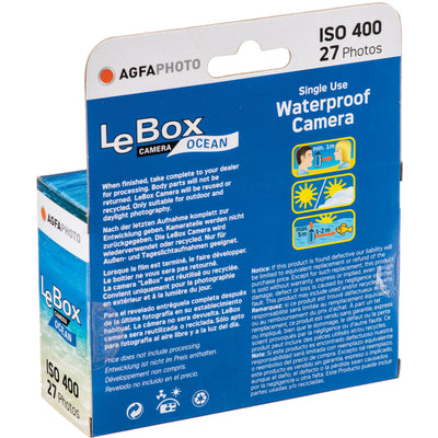 AgfaPhoto LeBox Disposable Camera – Ocean edition in blue housing, waterproof to 5 m, with built-in viewfinder and fixed-focus lens, preloaded with 27 exposures of ISO 400 film.