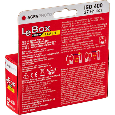 AgfaPhoto LeBox Disposable Flash Camera with 31mm fixed lens, f/9 aperture, built-in flash, 35mm ISO 400 film preloaded with 27 exposures, manual film transport and fixed focus with a minimum distance of 100 cm.