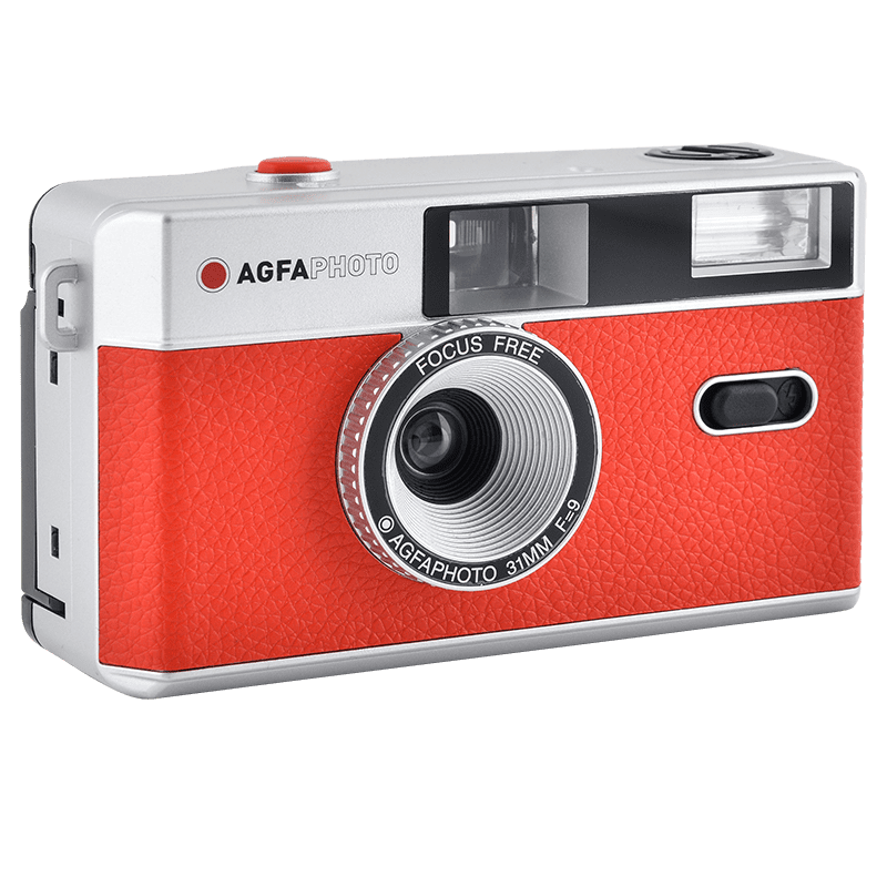 AgfaPhoto 35mm Reusable Film Camera (Red) – stylish point-and-shoot film camera with built-in flash, fixed-focus lens, and lightweight design for fun everyday shooting.