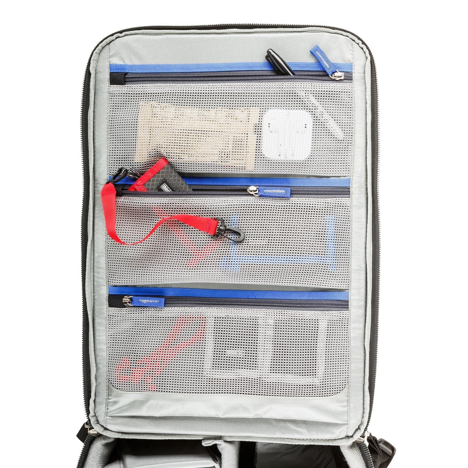 Think Tank Airport Accelerator camera backpack — black, large roll-top pack with padded dividers and side tripod mounts