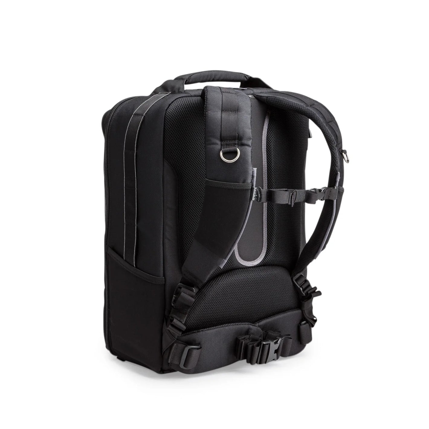 Think Tank Airport Accelerator camera backpack — black, large roll-top pack with padded dividers and side tripod mounts