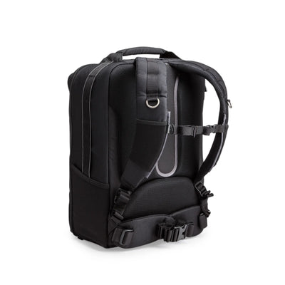 Think Tank Airport Accelerator camera backpack — black, large roll-top pack with padded dividers and side tripod mounts