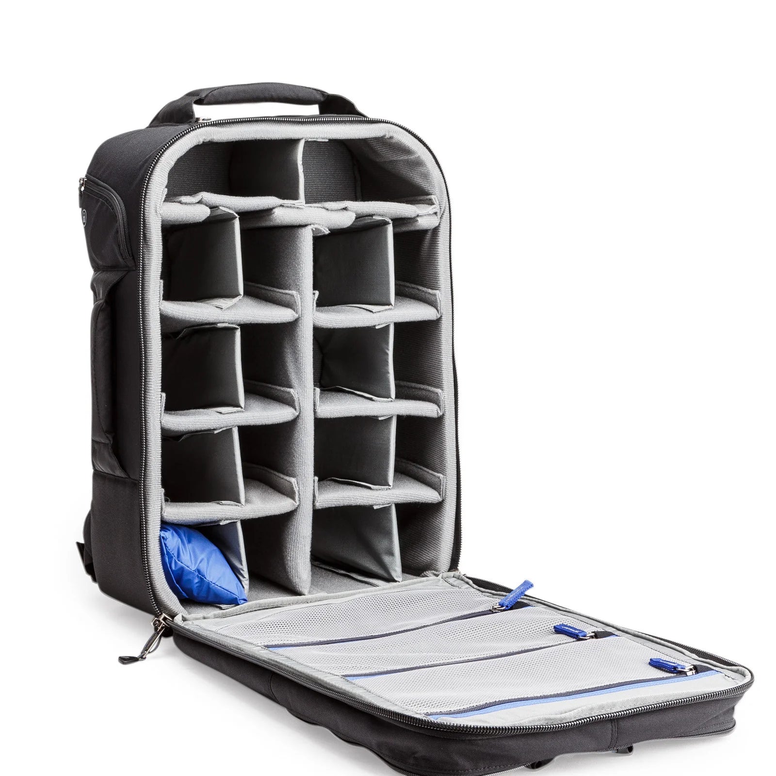 Think Tank Airport Accelerator camera backpack — black, large roll-top pack with padded dividers and side tripod mounts
