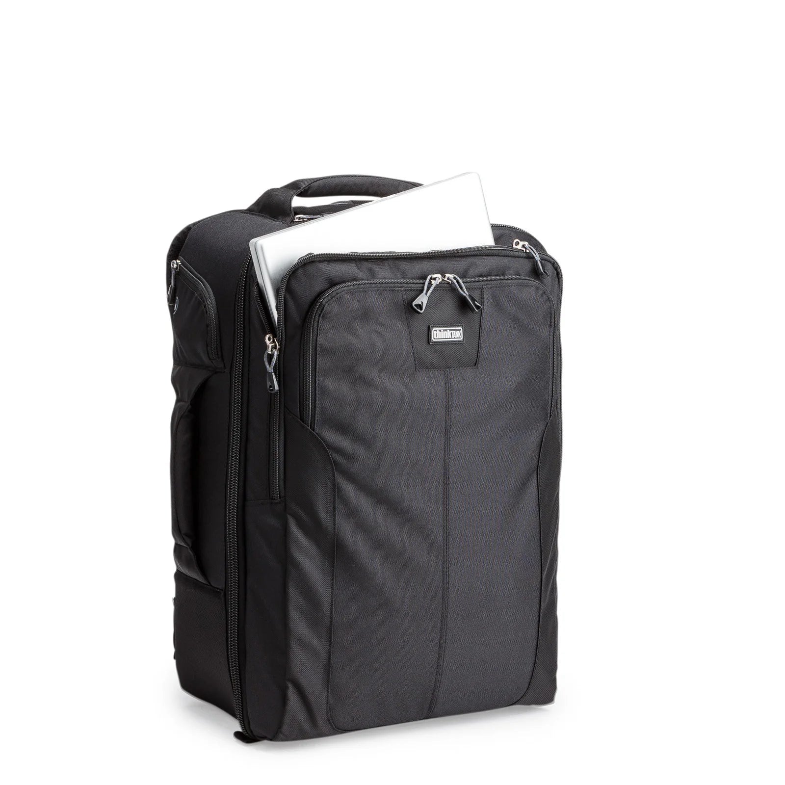 Think Tank Airport Accelerator camera backpack — black, large roll-top pack with padded dividers and side tripod mounts