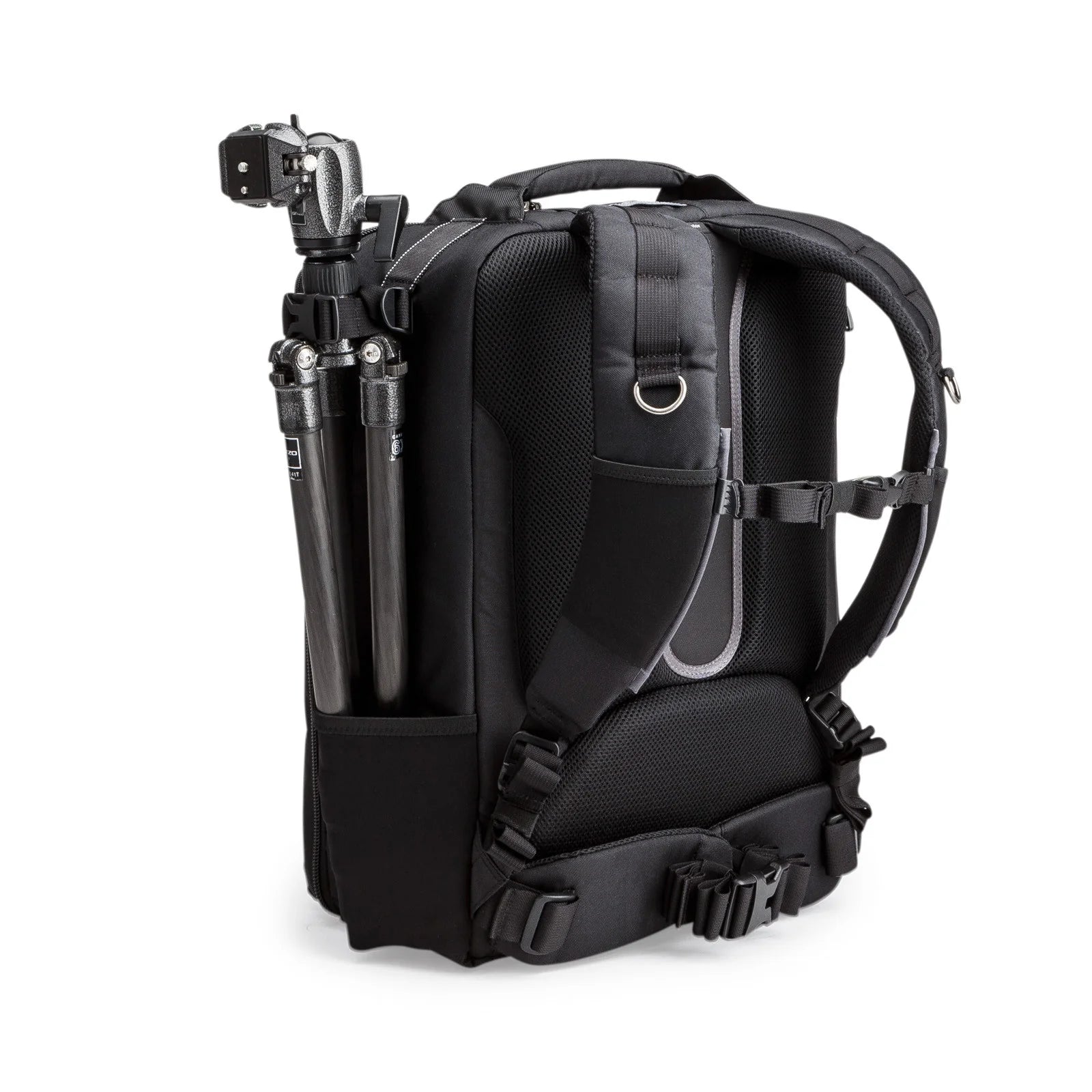 Think Tank Airport Accelerator camera backpack — black, large roll-top pack with padded dividers and side tripod mounts