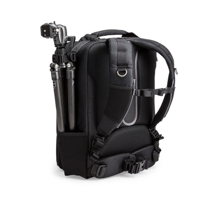 Think Tank Airport Accelerator camera backpack — black, large roll-top pack with padded dividers and side tripod mounts