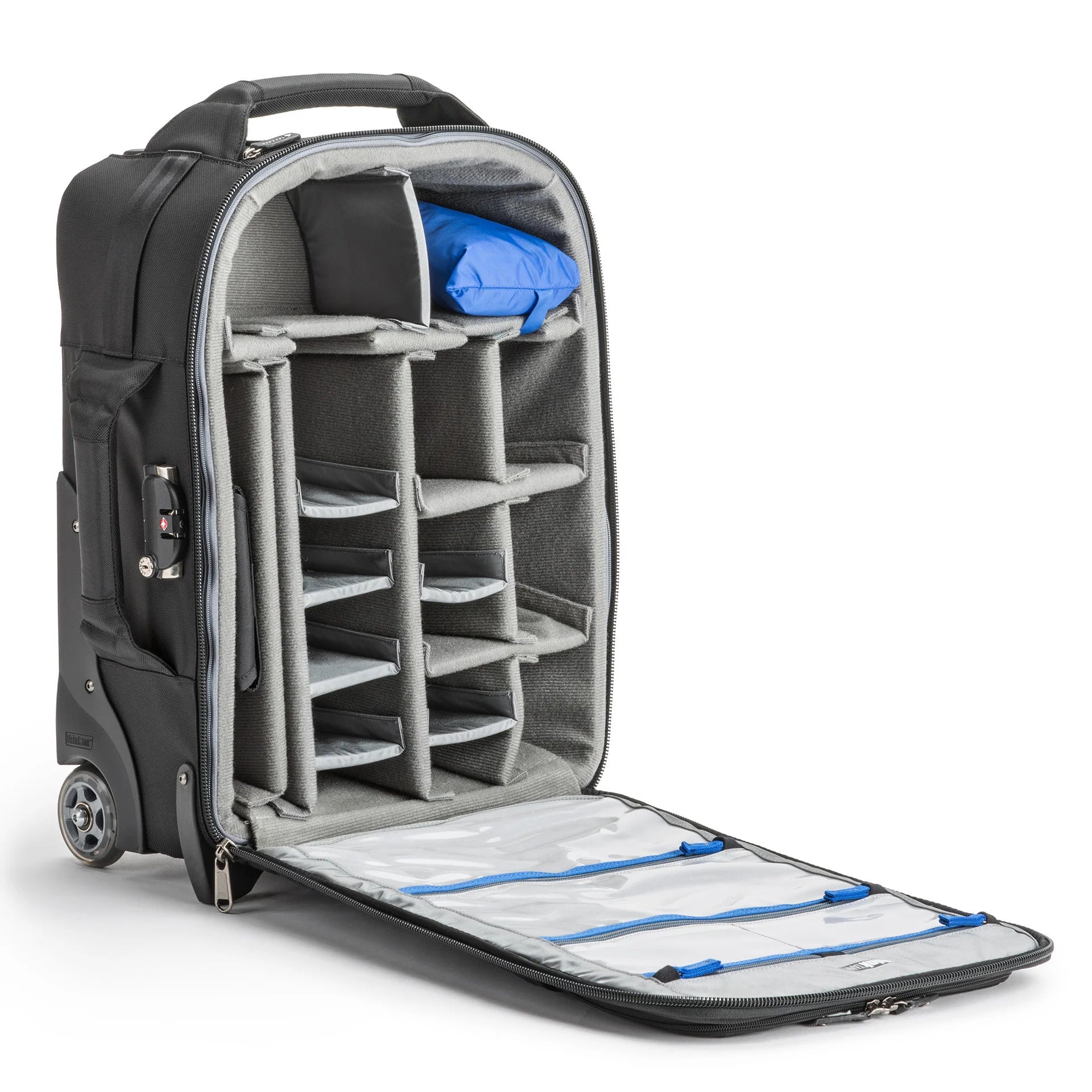 Think Tank Airport International V3.0 — compact rolling camera bag with customizable dividers, laptop compartment, tripod mount, and water‑resistant rain cover