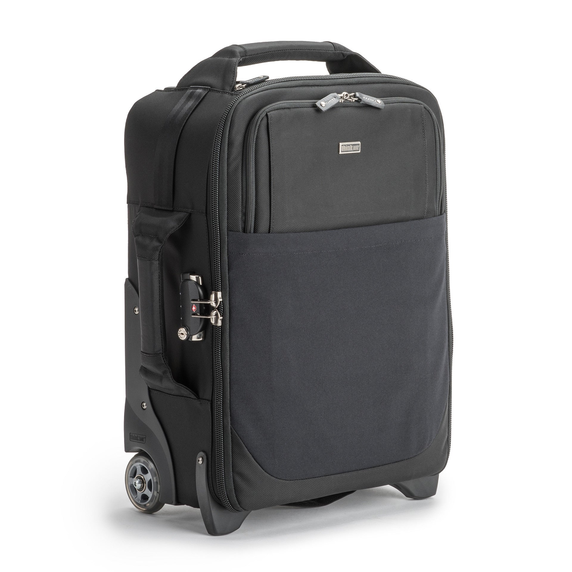 Think Tank Airport International V3.0 — compact rolling camera bag with customizable dividers, laptop compartment, tripod mount, and water‑resistant rain cover