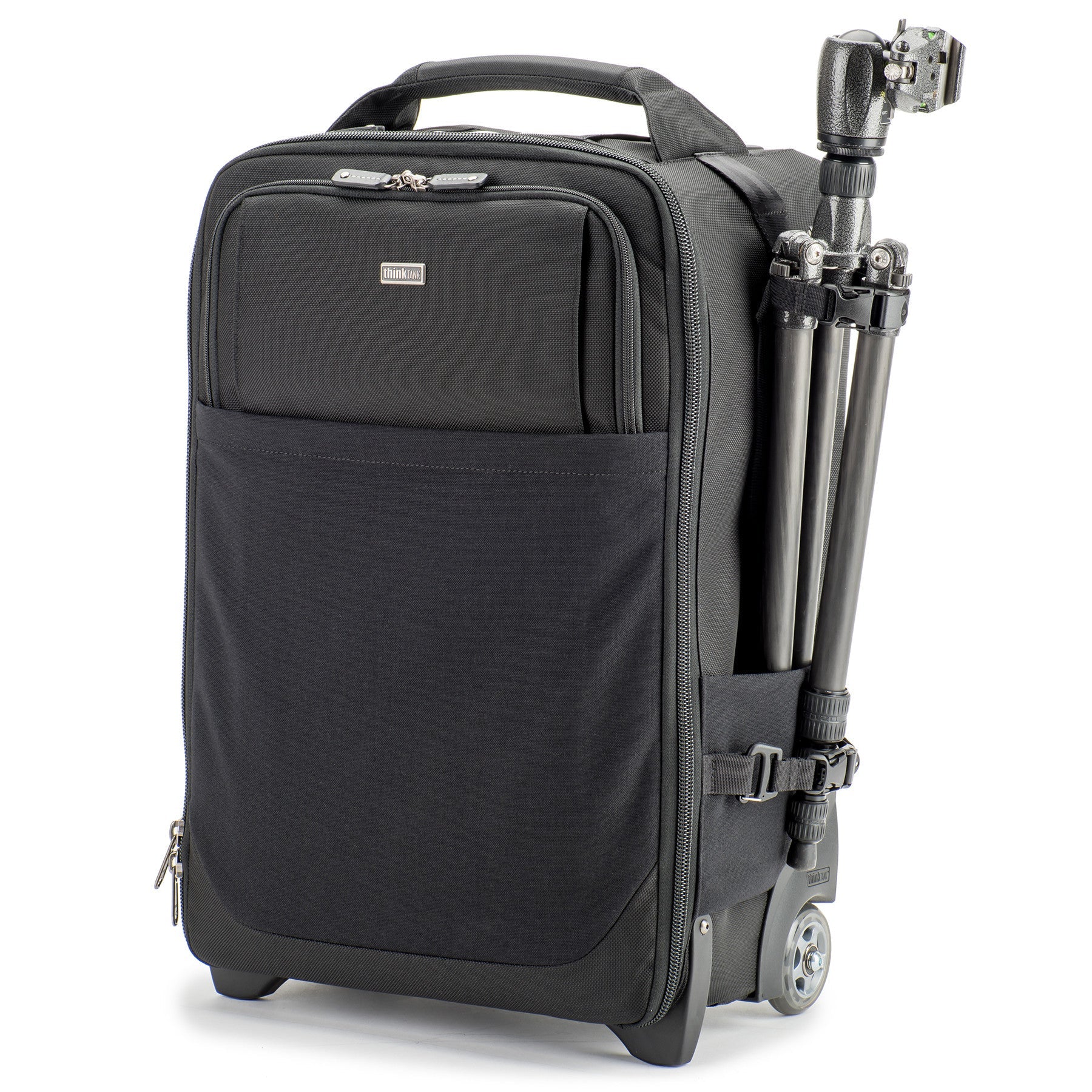 Think Tank Airport International V3.0 — compact rolling camera bag with customizable dividers, laptop compartment, tripod mount, and water‑resistant rain cover