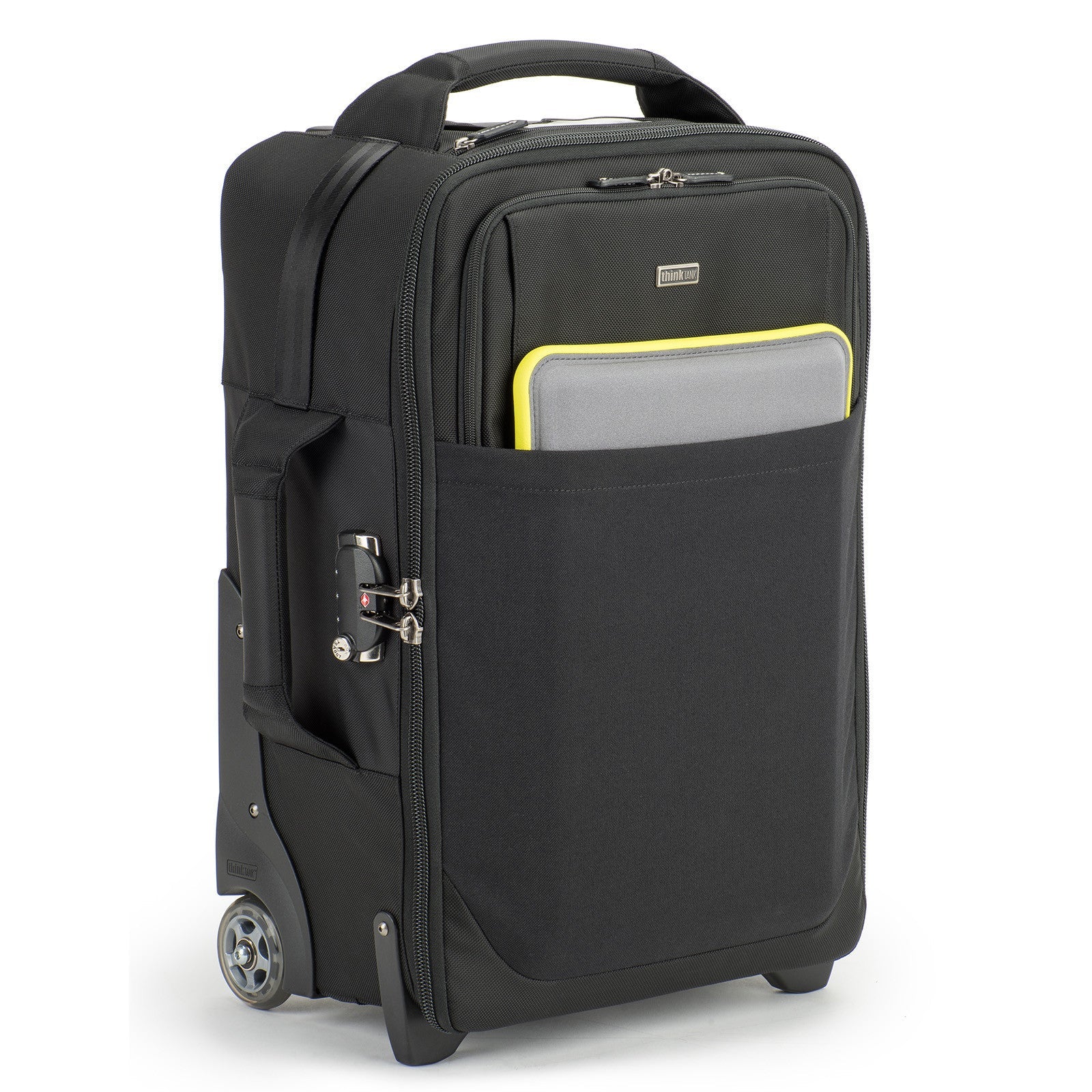 Think Tank Airport International V3.0 — compact rolling camera bag with customizable dividers, laptop compartment, tripod mount, and water‑resistant rain cover