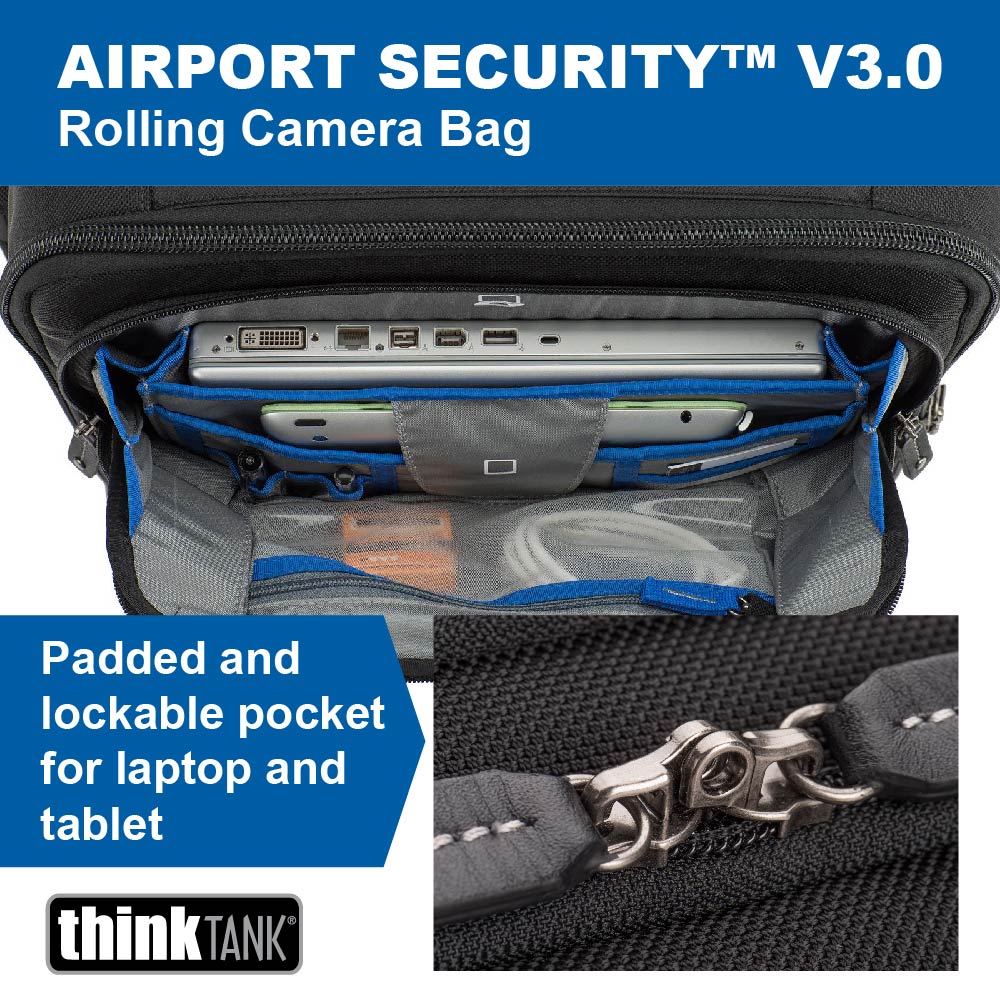 Think Tank Airport Security V3.0 — durable rolling camera bag with reinforced dividers, TSA-approved locks, and dedicated compartments for up to a 17” laptop and tablet