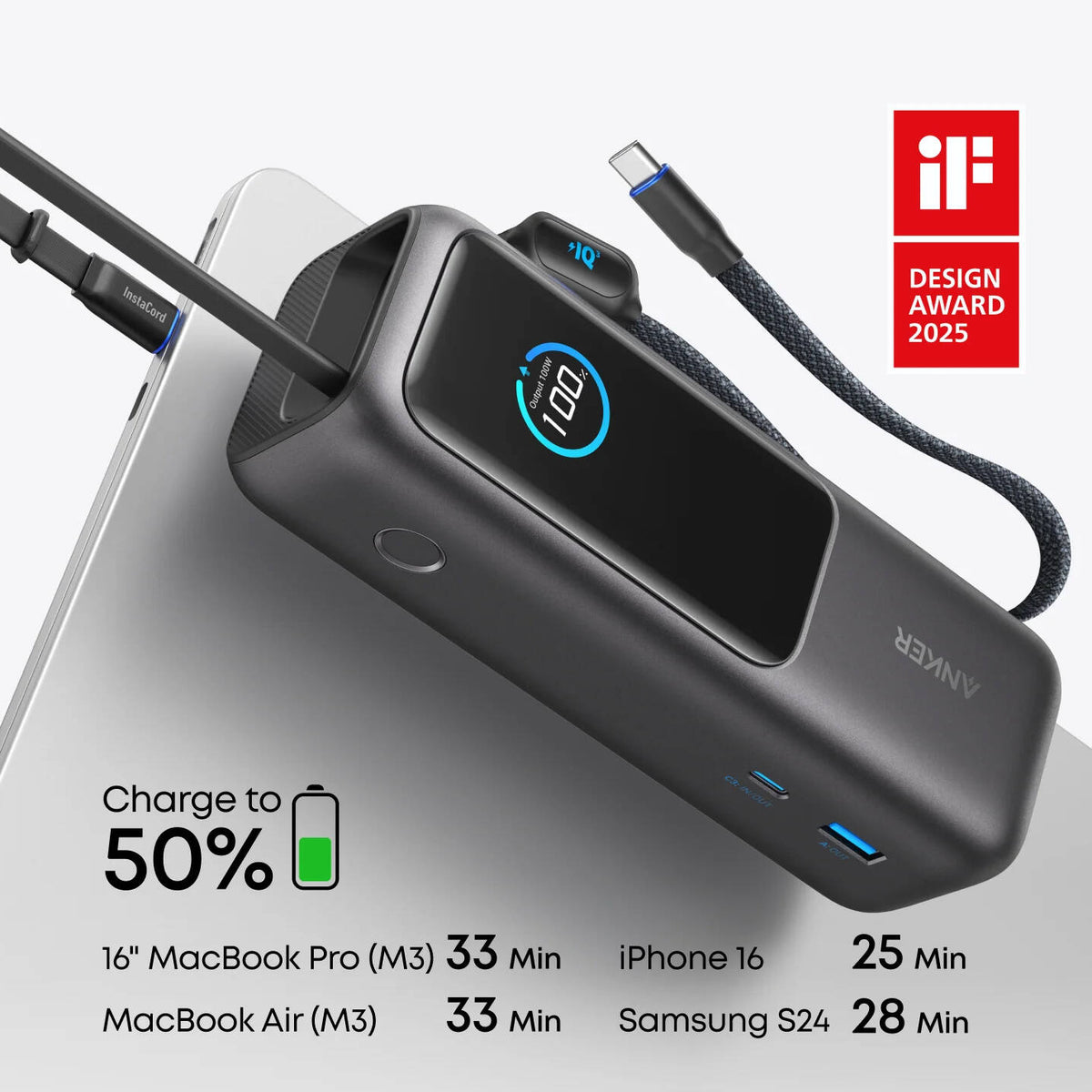 Anker A1695 165W USB-C Power Bank with dual built-in USB-C cables
