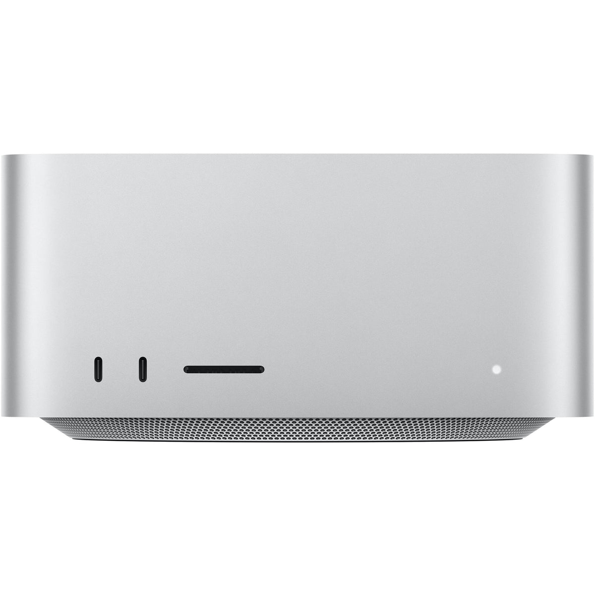 Apple Mac Studio M4 Max with 14-core CPU and 32-core GPU, showing its compact 19.7cm square aluminium design and pro-connectivity ports.