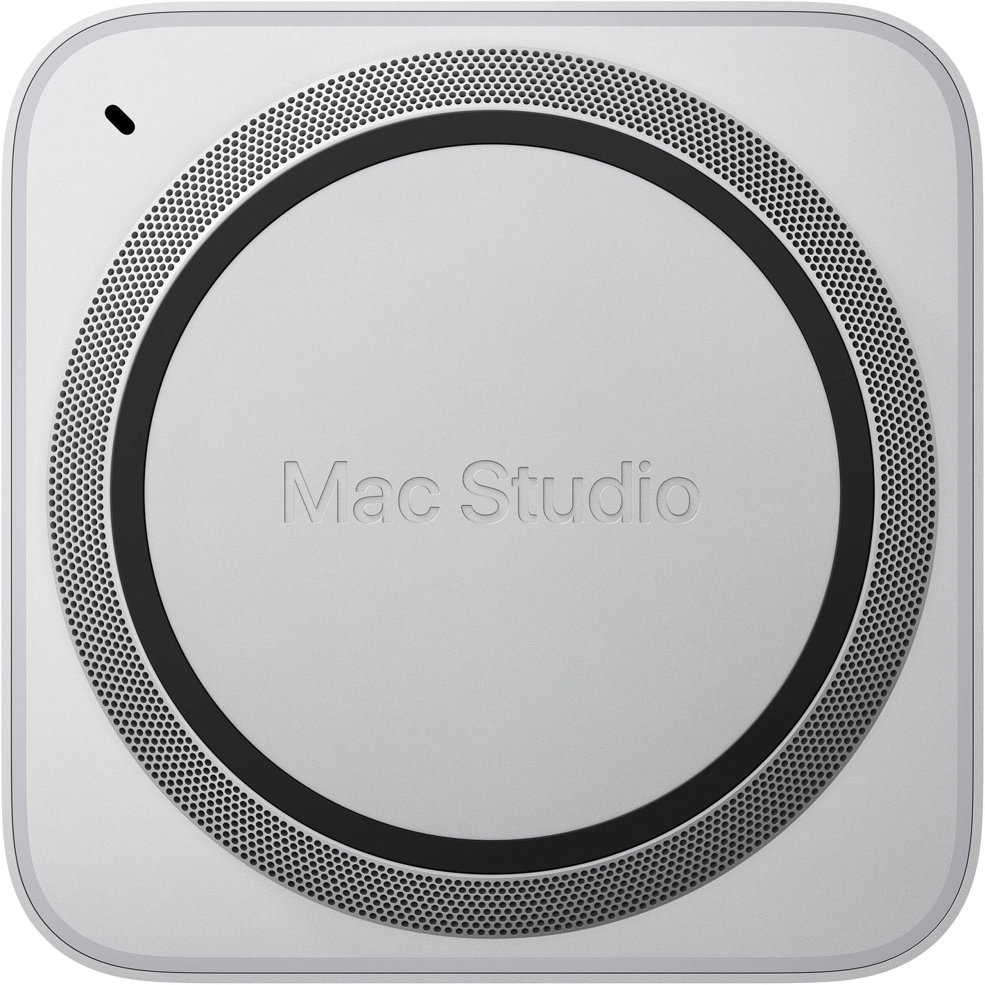 Apple Mac Studio M4 Max with 14-core CPU and 32-core GPU, showing its compact 19.7cm square aluminium design and pro-connectivity ports.