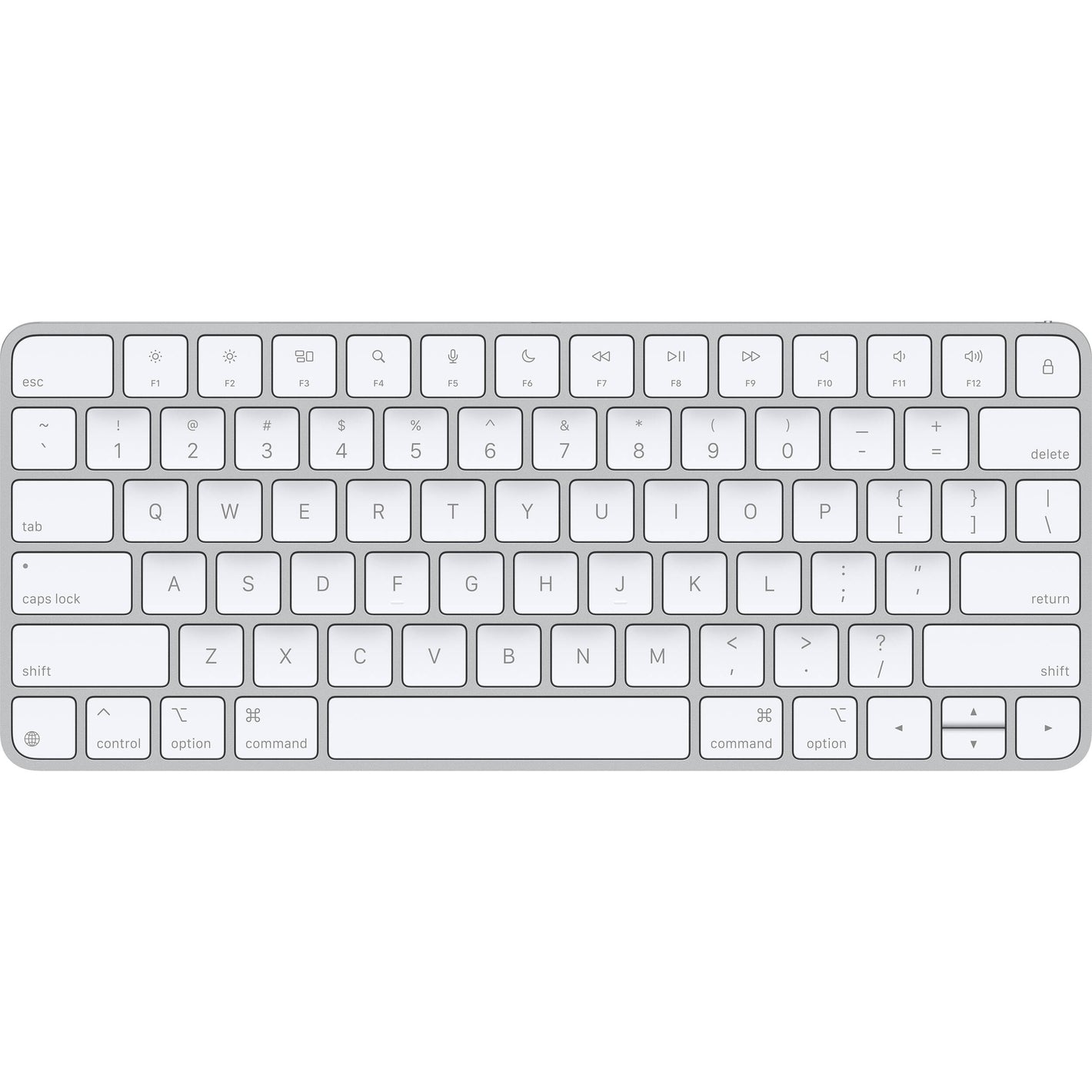 A sleek, low-profile Apple Magic Keyboard with a premium silver aluminum finish and minimalist white keys.