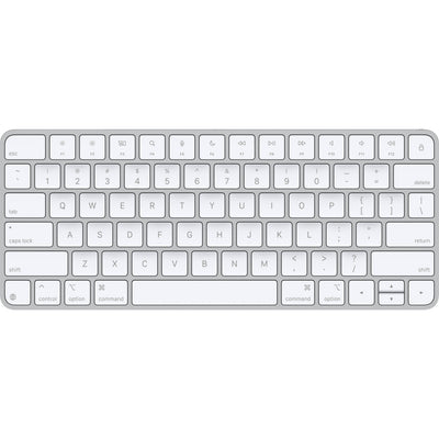 A sleek, low-profile Apple Magic Keyboard with a premium silver aluminum finish and minimalist white keys.