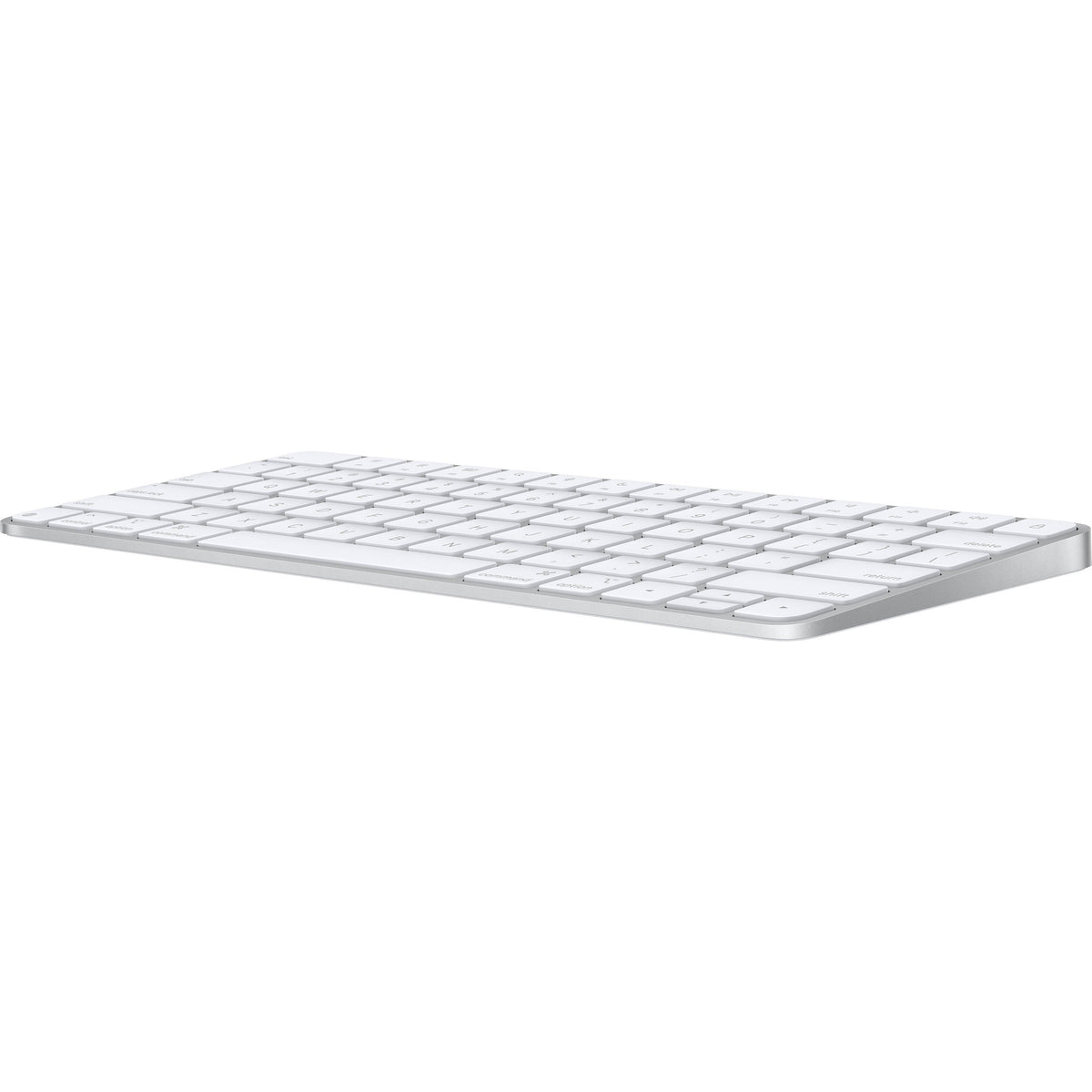 A sleek, low-profile Apple Magic Keyboard with a premium silver aluminum finish and minimalist white keys.