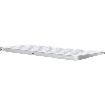 A sleek, low-profile Apple Magic Keyboard with a premium silver aluminum finish and minimalist white keys.