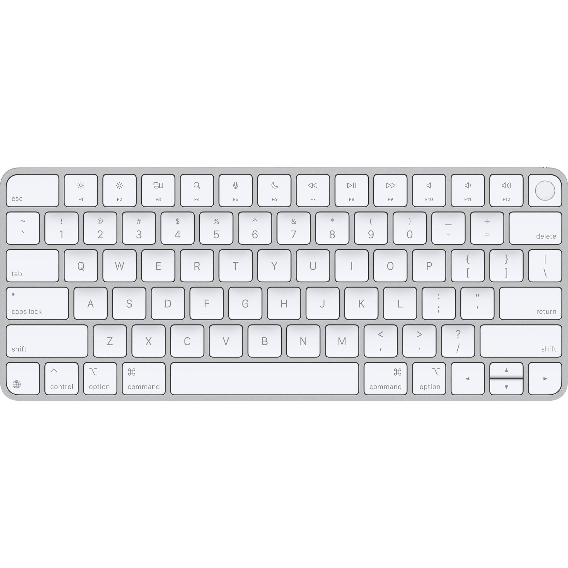 A sleek, low-profile Apple Magic Keyboard with a premium silver aluminum finish and minimalist white keys.