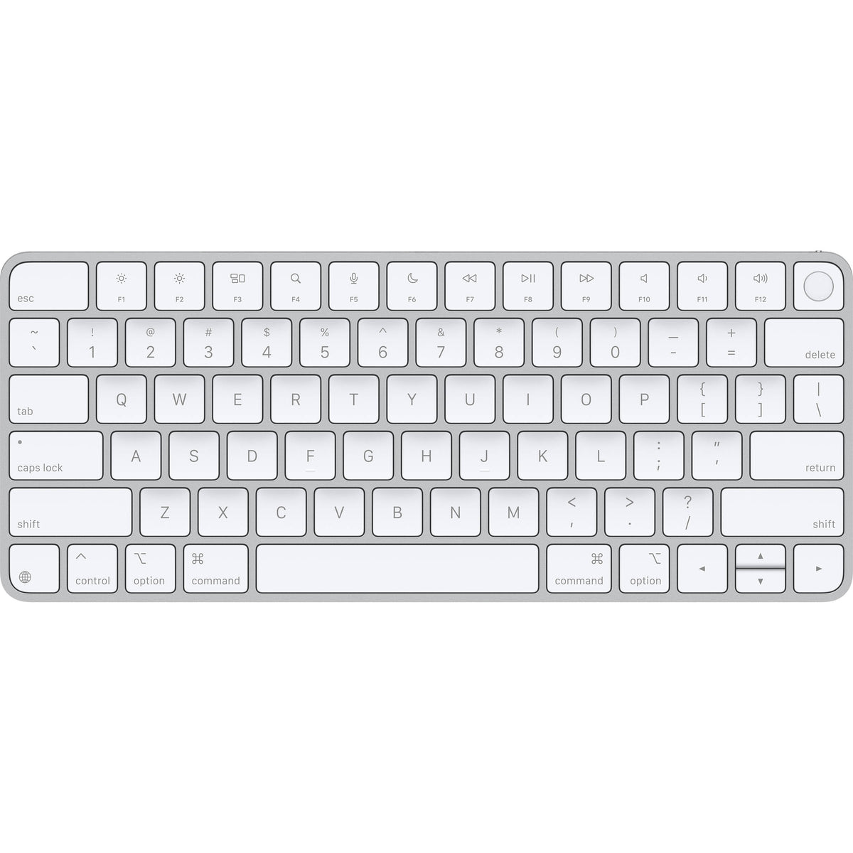 A sleek, low-profile Apple Magic Keyboard with a premium silver aluminum finish and minimalist white keys.