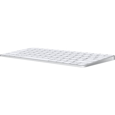 A sleek, low-profile Apple Magic Keyboard with a premium silver aluminum finish and minimalist white keys.