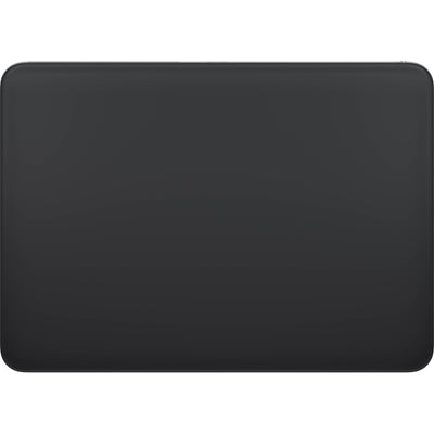 Top-down view of the black Apple Magic Trackpad featuring a minimalist glass surface, designed for Multi-Touch gestures and Force Touch with Mac and iPad.
