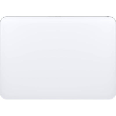 Top-down view of the white Apple Magic Trackpad featuring a minimalist glass surface, designed for Multi-Touch gestures and Force Touch with Mac and iPad.

