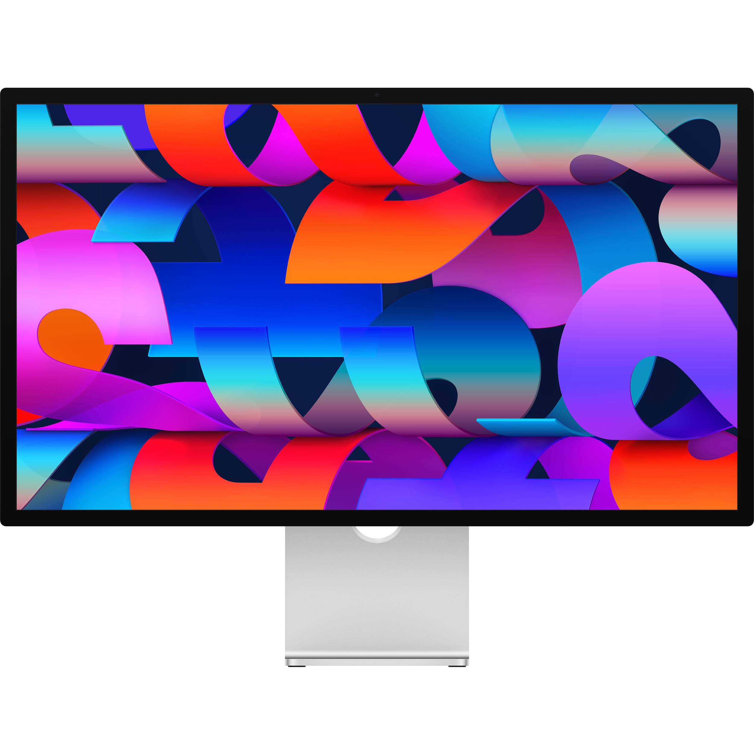 Apple Studio Display on a silver stand with a slim, all-screen design.